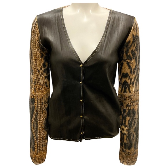 ROBERTO CAVALLI VINTAGE 2003 BROWN MULTI LEATHER AND LEOPARD KNIT CARDIGAN SWEAT - Picture 1 of 4